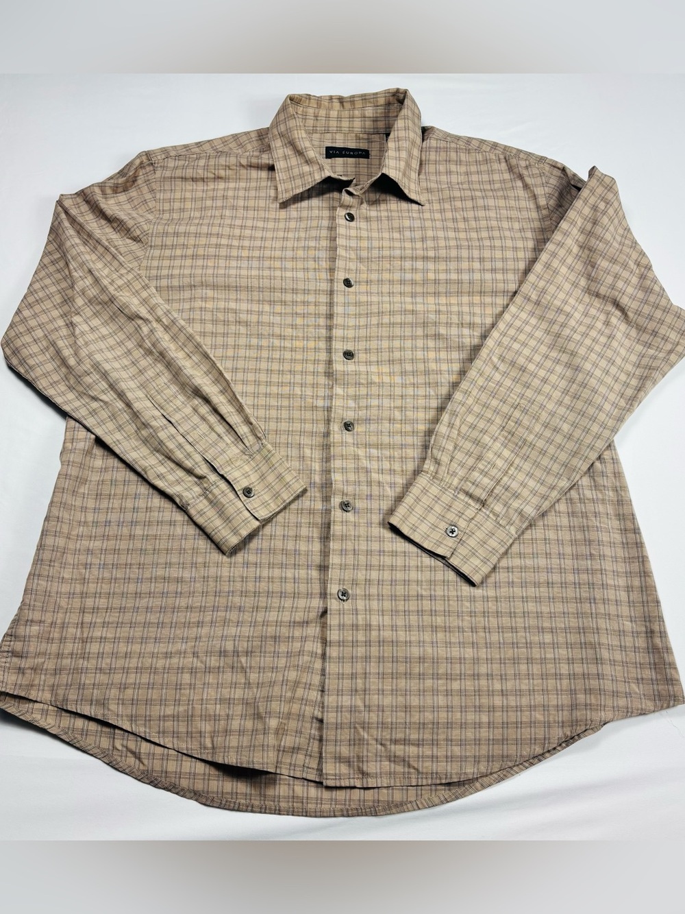 Via Europa Men’s Beige Plaid Long-Sleeve Shirt